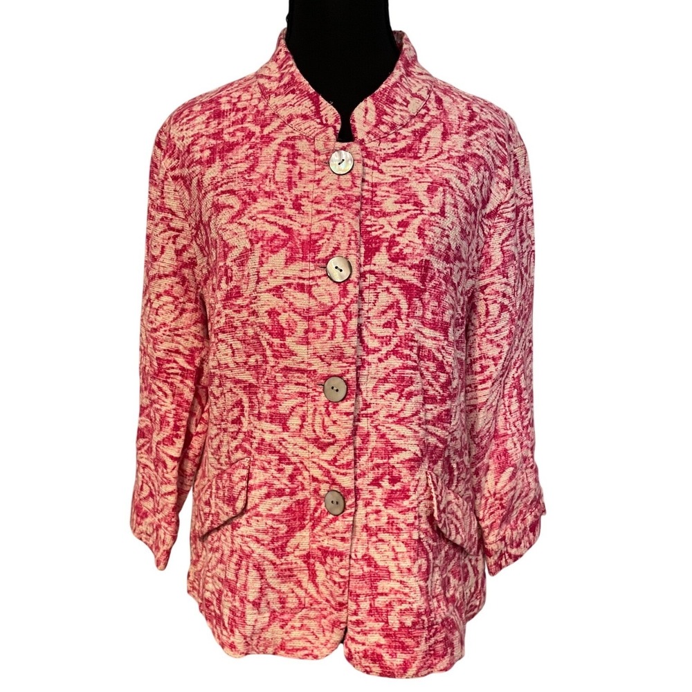 Bold Pink White Textured Print‎ Button Front Jacket Womens 16 Lagenlook VTG Boho